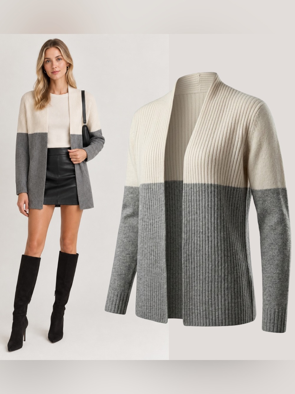 Ted Baker London 100% Cashmere Sweater Cardigan Ribbed Gray Cream Colorblock 0